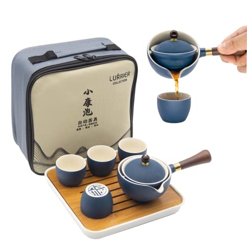 LURRIER Porcelain Chinese Gongfu Tea Set,Portable Teapot Set with 360 Rotation Tea maker and Infuser,Portable All in One Gift Bag for Travel,Home,Gifting,Outdoor and Office(Blue) - color: Blue