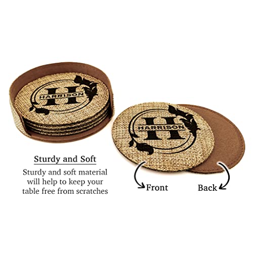 Smile Art Design Family CUSTOM Monogram COASTER Set of 6 with base Round Burlap Material Family Name and Date Personalized Prints Personalized Gifts House warming Wedding Gift Rustic Decor Style1 - color: Style 01, size: Set of 6 - Round Coaster