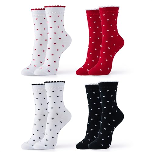 Womens Cotton Crew & Ankle Socks, Cute Floral Ruffle Colorful Tube Size 6-9 - color: Heart Pattern a