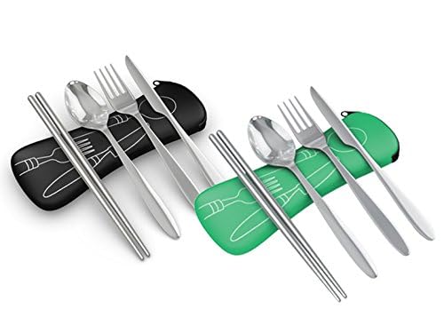 Reusable Travel Utensils with Case | Fork and Spoon Set with Knife, Chopsticks and Optional Reusable Straw– Office, Travel, or Camping Accessories| Lightweight Sturdy Reusable Utensils - color: 4pc 2pack - Black & Green