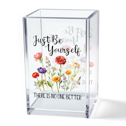Just Be Yourself Acrylic Makeup Brush Organizer Holder, Motivational Vanity Desk Accessories for Bedroom Office, Inspirational Affirmation Quote Gifts for Women Girls Daughter Sister Coworker - style: Be Yourself