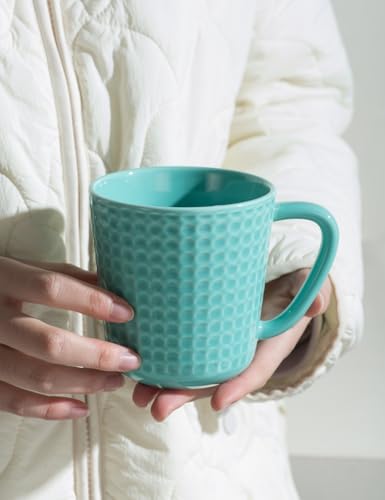 15 oz Ceramic Coffee Mugs Set of 4, Waffle Embossed Coffee Mug, Turquoise - color: Turquoise-4PCS