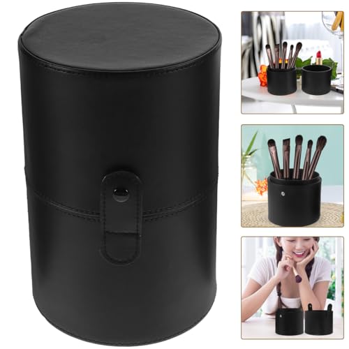 Portable Makeup Brush Holder with Lid - Elegant Pu Leather Makeup Bag Black Brush Organizer for Travel Compact Storage Bucket with Buckle Protective Lid, Easy to Clean, 7.9in X 5.19in