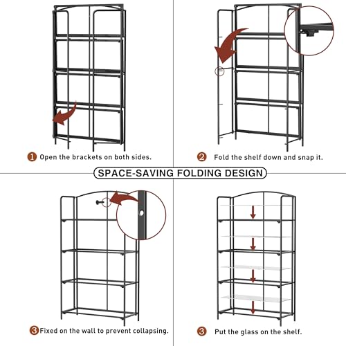 Crofy 4-Tier Wider Foldable Bookshelf, Black Frame & Transparent Shelves - color: Black Frame & Transparent Shelf, size: 4 Tier Wider