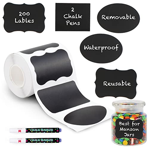 Mantah 200pcs Multiple Shapes Chalkboard Labels with 2 White Chalk Markers, Reusable Waterproof Jar Labels for Storage, Food Containers, Office Use - size: 200 PCS, Multiple Shapes