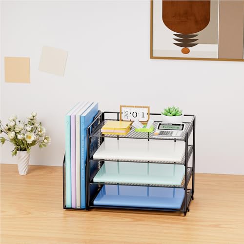 Marbrasse 4-Tier Paper Tray Organizer with File Holder, Black - color: Black