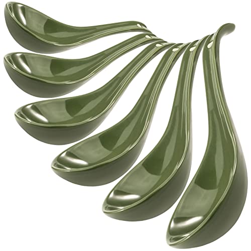 Green Ceramic Soup Spoons Set of 6, 6.75 Inch Chinese Ramen Spoons for Pho, Cereal, Noodles, Stews, Wonton, Dumpling, Miso - Deep Oval Hook Design, Dishwasher Safe - size: 6.75 inch - Green