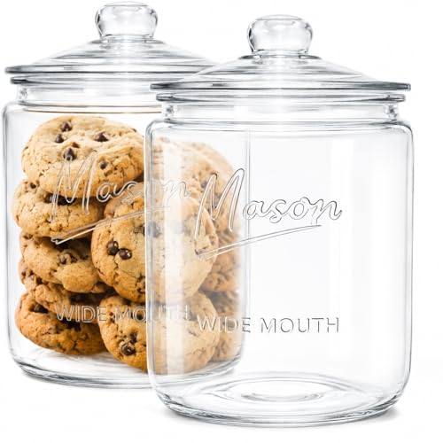 1 Gallon Mason Glass Cookie Jar with Lid – Wide Mouth Glass Storage Jar with Embossed Mason Logo, Airtight Pantry Container with Measurement Markings for Cookies, Candy, Flour & Dog Treats – Pack of 2 - size: Pack of 2