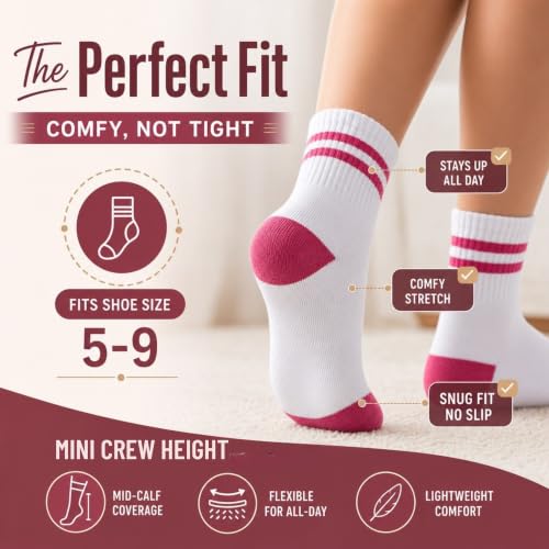 Forever Bambe Mini Crew Socks for Women 4-Pack Cushioned Bottom Retro Striped Socks - Athletic Women's Short Calf Sock - color: 2 - Pink