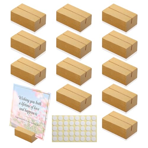 Worown 12 Pcs Mini Wooden Place Card Holders, Small Wooden Table Number Stands, Name, Price Tags Stands for Party Buffet, Wedding, Cafe Bar, Dining Room ( Gold-Includes Adhesive Stickers) - color: Gold