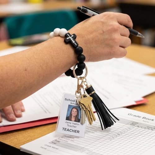 BIHRTC Key Ring Bracelet Car Keychain Holder Wristlet Silicone Women Beaded Bangle Chains - color: Cross