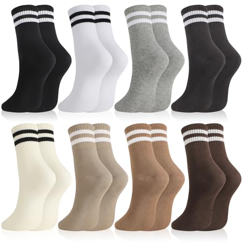 Womens White Crew Socks 6 Pair Striped Trim Casual Crew Socks - color: 8pairs Mixed Colors