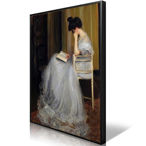uoyien Vintage French Canvas Wall Art Famous Artwork Woman Reading Portrait Oil Painting Dark Academia Aesthetic Print 19th Century Antique Poster Retro Gallery Bedroom Decor 16x24in Black Framed - color: Off-white, size: 16x24in Black Metal Framed