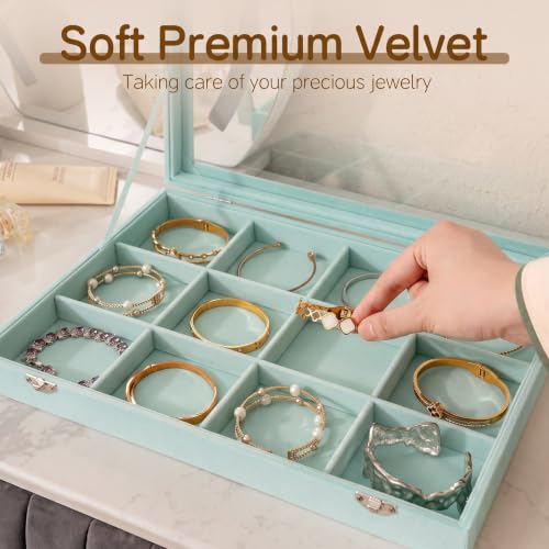 Frebeauty 12 Grid Bracelet Holder Box,Velvet Jewelry Tray with Clear Lid - color: Turquoise, size: 12 Grid
