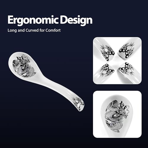 Hagary Ceramic Spoon Soup Spoons Asian Soup Spoon Chinese Korean Japanese Ramen Spoons Set of 4 with Hole 6.2 Inch (Black - Dragon New) - color: Black - Dragon New