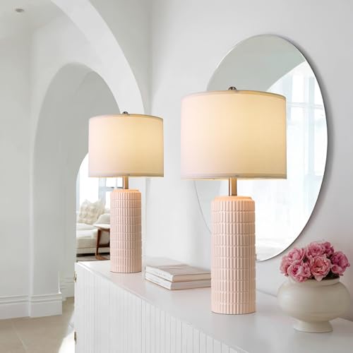 PoKat 27.5" Pink Ceramic Table Lamps for Girls Room Set of 2, Modern Bedroom Lamps, Bedside Lamps for Night Stands Living Room, Cute Lamps Pink Decor, Nightstands Desk Nursery - color: Cream Pink