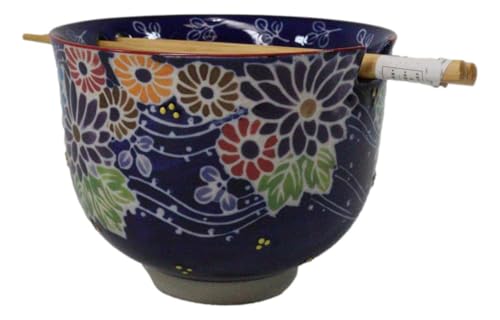 Ebros Gift Artistic Donburi Ramen Udon Noodles Soup Salad 5" D 18Oz Bowl With Bamboo Chopsticks And Built In Rest Set Asian Dining Kitchen Accent (Purple Colorful Flowers In The Wind) - color: Purple Colorful Flowers In The Wind