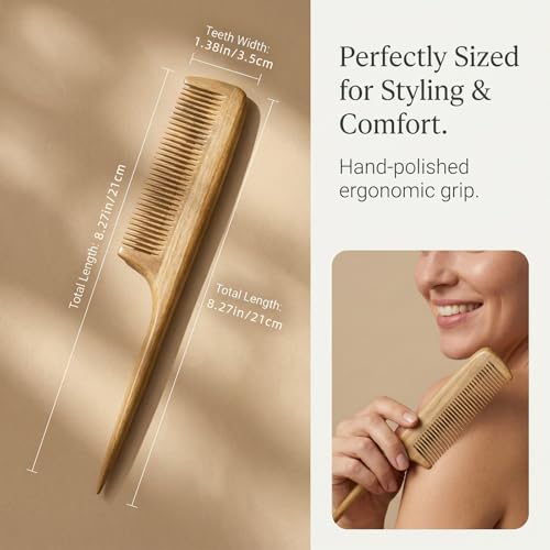 Melune Green Sandalwood Rat-Tail Comb with Fine Teeth for Hair Styling