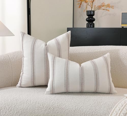 Cethom Boho Throw Pillow Covers 12x20 Set of 2, Taupe Striped Decorative Pillow Cases for Couch Chair Bed, Textured Farmhouse Modern Accent Cushion Covers for Living Room Bedroom Sofa Home Decor - color: Taupe, size: 20" x 12" (Pack of 2)