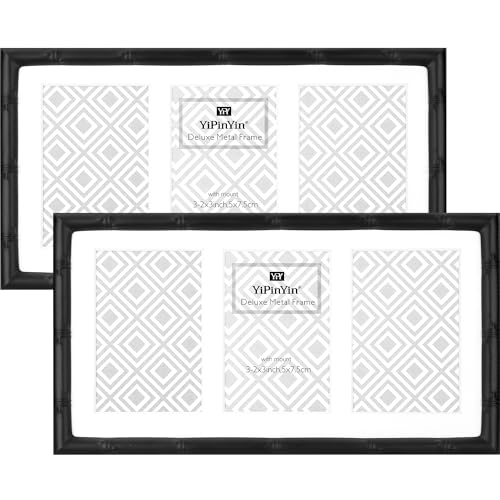 3-2x3'' Black Multi Metal Picture Frames,3 section frames 2pack, Elegant Bamboo Detail Designs Plated Photo Frames 3-2x3'' Baby Nurse frames With Soft Touch Velvet Backing for Desktop and Wall Décor(Black) - color: Black, size: 3-2x3Inch 2PK