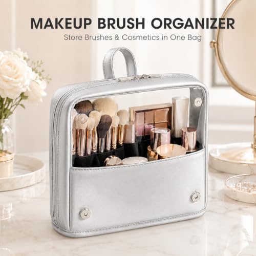 YDR Standing Makeup Brush Bag - Clear Portable Travel Cosmetic Pouch, Large Capacity Foldable Makeup Brush Holder, Water-Resistant Professional Makeup Tool Case for Women & Artists (Silver) - color: silver