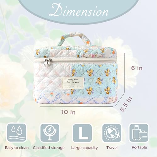 Sminra Large Travel Makeup Bag for Women, Quilted Cosmetic Case with Handle - color: Blue Floral Collage-L