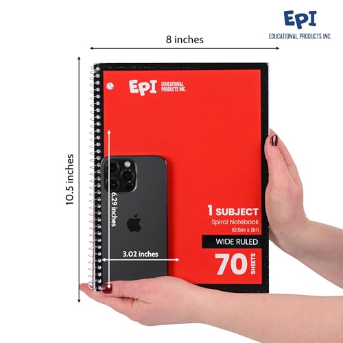 EPI Spiral Notebook | Wide - 70 Sheets, Durable Spiral Binding | 10.5 x 8 in | Classroom Supplies | School, Office, Note Taking, Journaling - 3 Pack - color: Red, size: 3