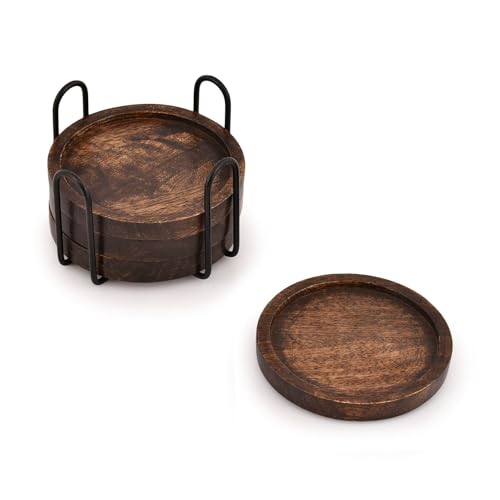 SAMHITA Mango Wood Coasters for Drinks with Iron Holder Stand Set of 4 for Drinking Glasses, Tabletop Protection for Any Table Type