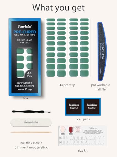 Real Gel Nail Strips (No UV Light Needed) - 44Pcs Salon Quality Nail Stickers - Long Lasting Polish Wraps for Women, Easy Apply & Remove (Chrome Needle) - color: Chrome Needle Green
