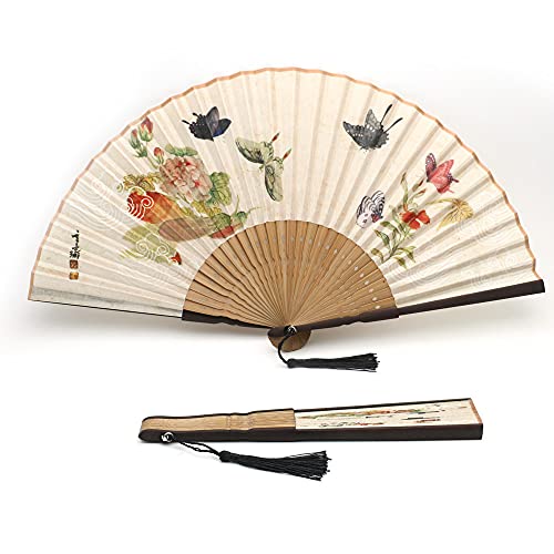 Folding Hand Fan for Women - Foldable Chinese Japanese Vintage Bamboo Silk Fan - with Tassel and Pouch, Perfect for Decoration, Dance, Wedding,Party,Gifting（Colorful Butterflies） - color: Colorful Butterflies