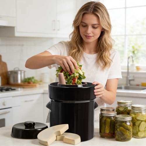 SEEUTEK Fermentation Crock Jar 1.3 Gallon for Sauerkraut Pickling Kimchi - size: 5L