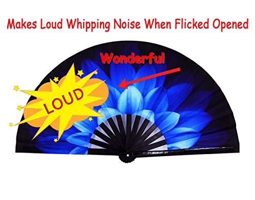 Large Folding Hand Fan Rave Fans, Blue Flowers - color: Blue Flowers