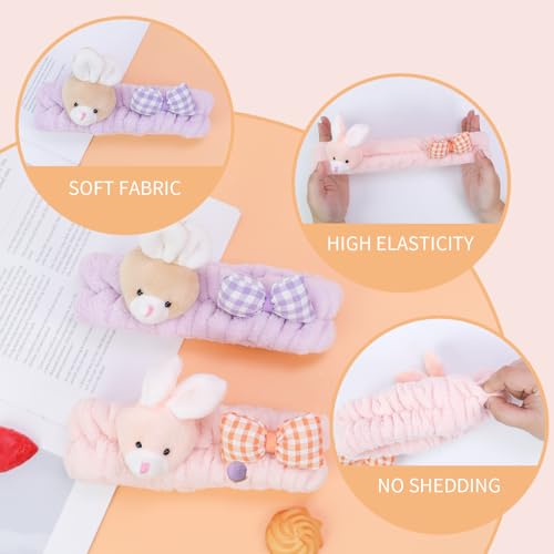 PERFECTSIGHT Kawaii Headband for Spa, Makeup, Washing Face, Party - 2 Pack Cute Hair Band for Shower Beauty Skincare, Soft Facial Headbands for Girls and Women (Purple+Pink Bunny) - color: Purple+Pink Bunny