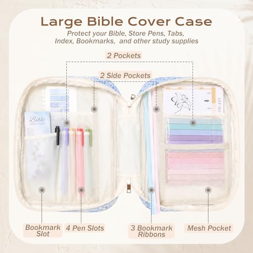 XKDOUS Bible Cover Case for Women Bible Bag Journaling Kit w/Study Supplies - color: Blue Bow Patchwork, size: Large