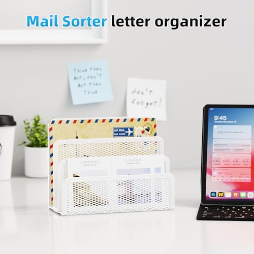 Marbrasse Mail Organizer for Desk, 3-Slot Mesh Metal Mail Holder countertop, Letter Holder, Office Desktop Envelope and Document Storage Rack (White) - color: White