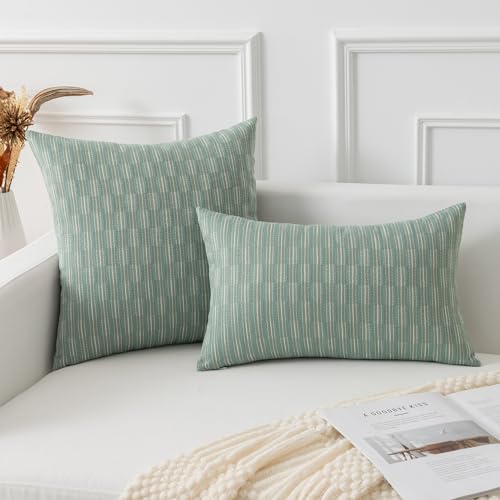 Kevin Textile Pillow Covers, Square Throw Pillow Covers Set of 2, Spring Boho Woven Texture Linen Decorative Burlap Pillow Cases for Couch Bedroom Living Room, 18x18 inch, Sage Green - color: A-sage Green, size: 18" x 18" (Pack of 2)