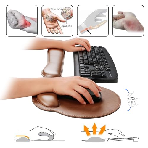 RICHEN Ergonomic PU Leather Keyboard Wrist Rest and Mouse Pad with Wrist Support, Memory Foam Set for Computer/Laptop,Gaming and Office, Comfortable for Easy Typing & Pain Relief (PU Brown) - color: Pu Brown