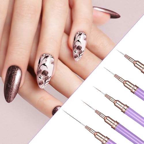 5PCS Nail Liner Brushes, Metallic Nail Art Brushes Set, Superfine Liner Brush Kit for Gel Polish, Detail Painting and Drawing, Professional Nails Salon Tools