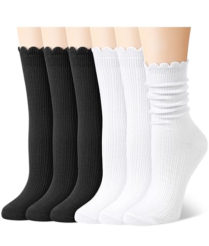 Justay 6 Pairs Ruffle Socks Women, Crew Cotton Frilly Boot Socks - color: White Black