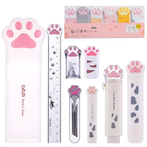 9 Pcs Cute Cat Paw Stationery Set Kawaii School Supplies Including Pencil Sharpener Retractable Eraser Correction Tape Sticky Notes Ruler Mini Scissors Utility Knife for Cat Lovers Students (White) - style: Style B(White)
