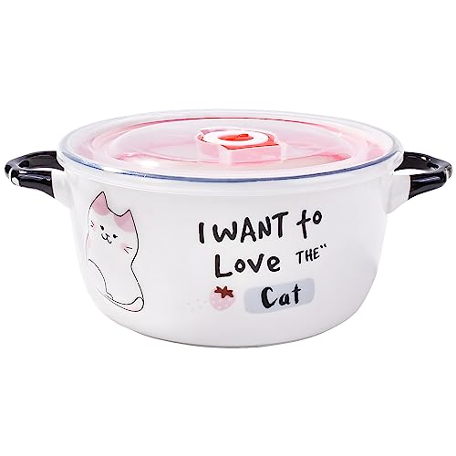 Ceramic Soup Bowl with Lid and Handles, 750 ML Cute Cartoon Cat Ramen Bowl