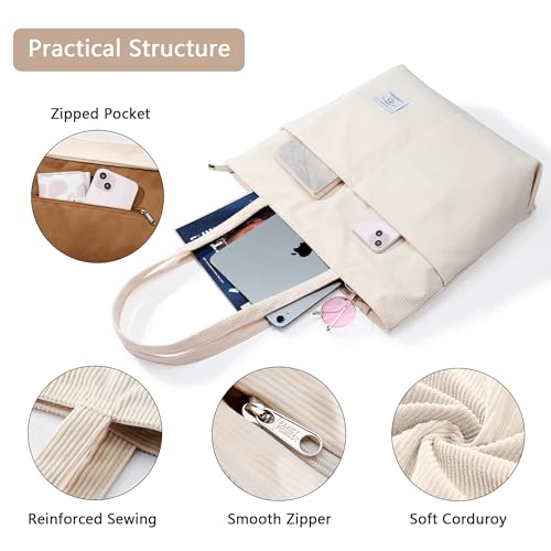 KALIDI Women Corduroy Tote Bag Zipper Casual Tote's Handbag Big Capacity Shoulder Bag with Pockets - color: D-cream White
