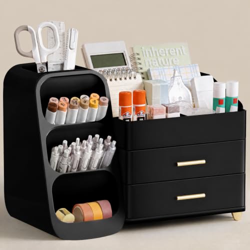 HBlife Desk Organizer with Pen Pencil Holder for Desk, Pen Organizer with 2 Drawers, Desk Organizers and Accessories with 4 Compartments, Desktop Storage for Office Home School Art Supplies, All Black - color: All Black