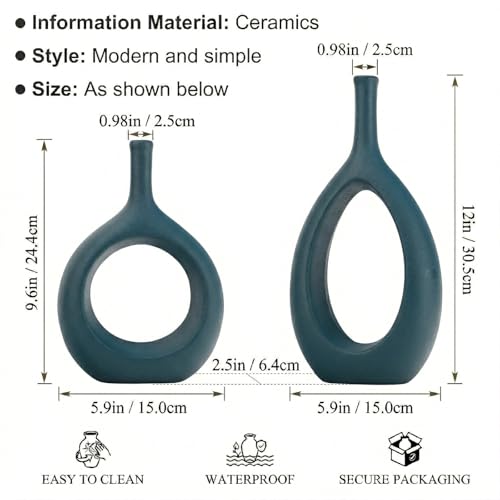 Green Ceramic Hollow Elliptical Vase Set of 2 - Boho Circle Vase with Hole, for Modern Green Table Decor, Living Room Decor Shelf mid Century Modern Home Entrance Decorative vase - color: Green