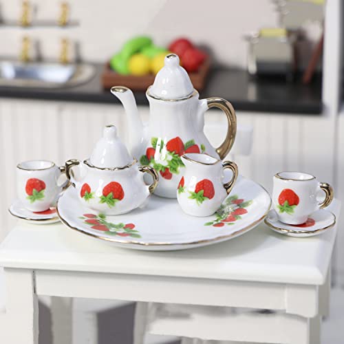 Miniature Tea Set 1/6 Scale Dollhouse Accessories Porcelain, Strawberry - color: Strawberry
