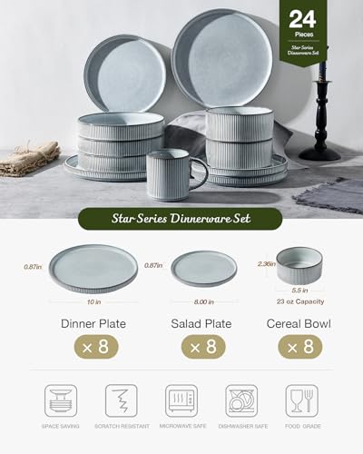 Famiware Star Stoneware Dinnerware Sets for 8, Reactive Glaze Plates, Bowls - color: Smoky Blue