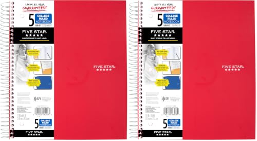 Five Star Spiral Notebook + Study App, 5 Subject, College Ruled Paper, 8-1/2" x 11", 200 Sheets, Fights Ink Bleed, Water Resistant Cover, Fire Red (72077) (Pack of 2) - color: Red, size: 1 Count (Pack of 2)