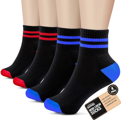 Forever Bambe Mini Crew Socks for Women 4-Pack Cushioned Bottom Retro Striped Socks - Athletic Women's Short Calf Sock - color: 14 - Black