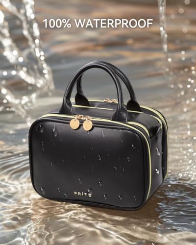 Prite Large Makeup Bag, Waterproof Travel Cosmetic Case with Brush Holder - color: Black, size: Medium
