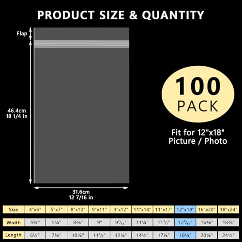 AUEAR, 12"x18" (100 Pack) Clear Plastic Sleeves - Acid Free 1.6Mil Crystal Resealable Bags -Fit for Prints, Photos, Documents, Clothing, T-Shirt - size: 12 x 18 inches